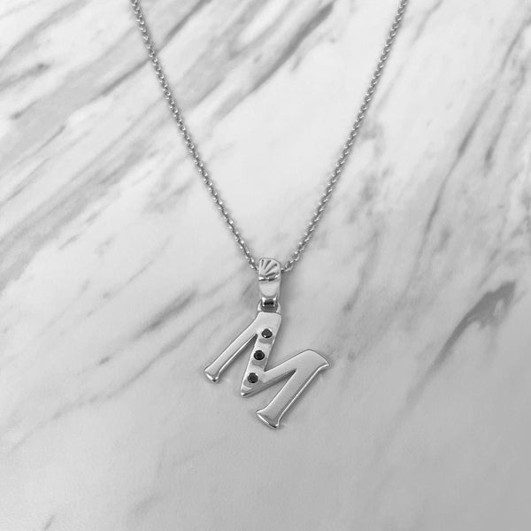 Alphabet M Sterling Silver Necklace with 3 Black Cubic Zirconia Stones
