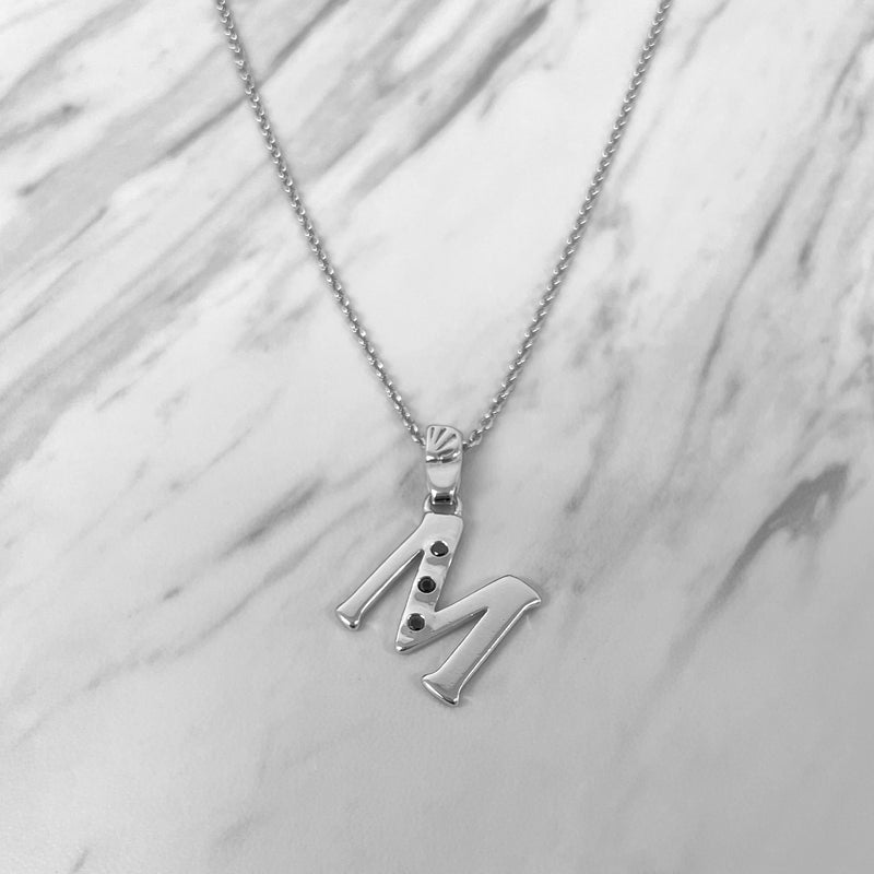 Alphabet M Sterling Silver Necklace with 3 Black Cubic Zirconia Stones