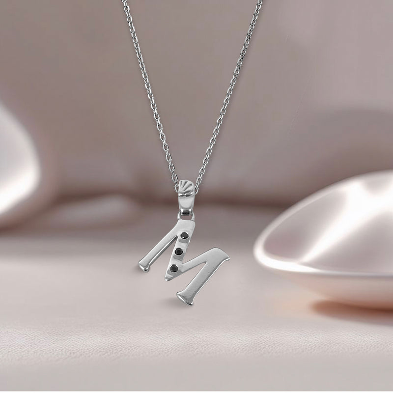 Alphabet M Sterling Silver Necklace with 3 Black Cubic Zirconia Stones