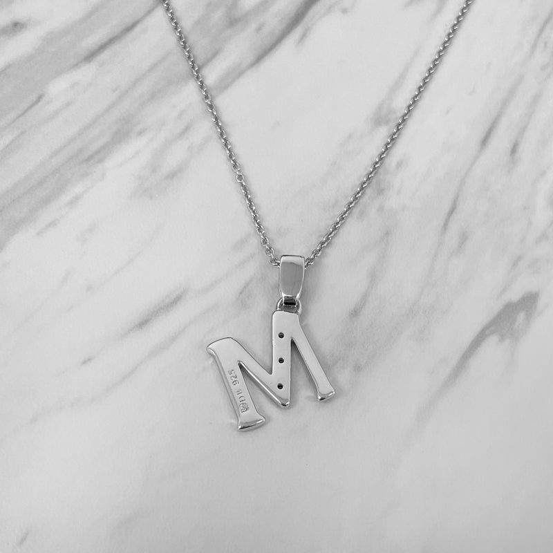 Alphabet M Sterling Silver Necklace with 3 Black Cubic Zirconia Stones