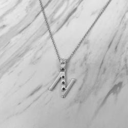 Alphabet N Sterling Silver Necklace with 3 Black Cubic Zirconia Stones
