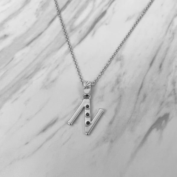 Alphabet N Sterling Silver Necklace with 3 Black Cubic Zirconia Stones