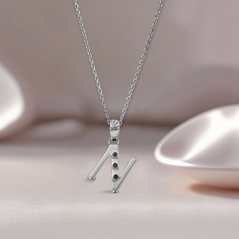 Alphabet N Sterling Silver Necklace with 3 Black Cubic Zirconia Stones