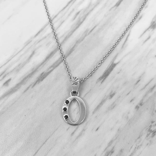 Alphabet O Sterling Silver Necklace with 3 Black Cubic Zirconia Stones
