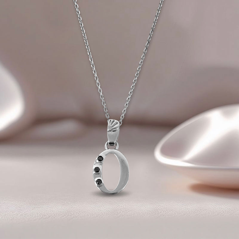 Alphabet O Sterling Silver Necklace with 3 Black Cubic Zirconia Stones