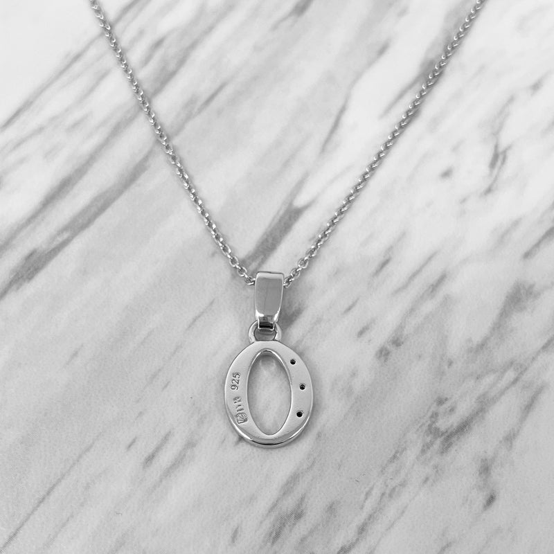 Alphabet O Sterling Silver Necklace with 3 Black Cubic Zirconia Stones