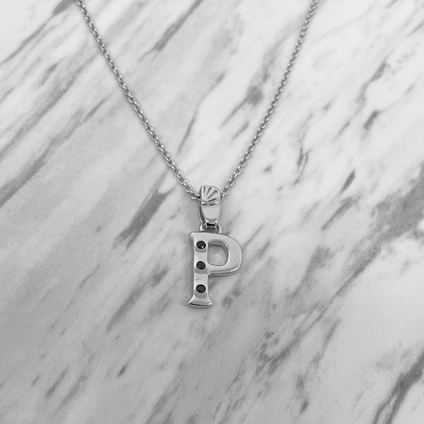 Alphabet P Sterling Silver Necklace with 3 Black Cubic Zirconia Stones