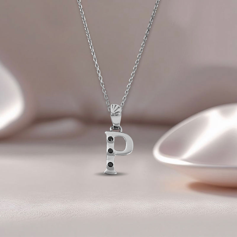 Alphabet P Sterling Silver Necklace with 3 Black Cubic Zirconia Stones