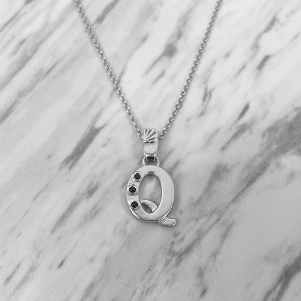 Alphabet Q Sterling Silver Necklace with 3 Black Cubic Zirconia Stones