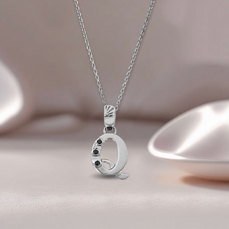 Alphabet Q Sterling Silver Necklace with 3 Black Cubic Zirconia Stones