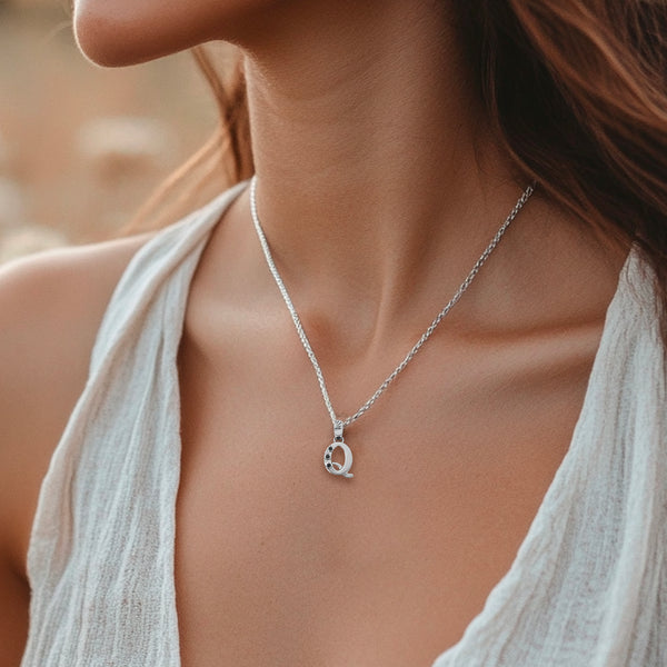 Alphabet Q Sterling Silver Necklace with 3 Black Cubic Zirconia Stones