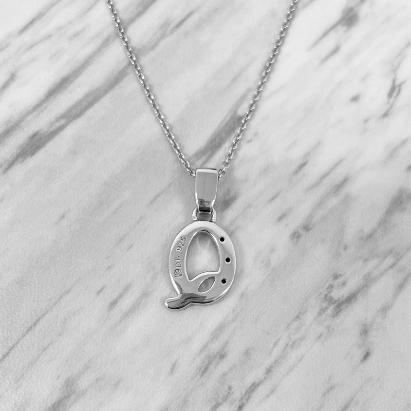 Alphabet Q Sterling Silver Necklace with 3 Black Cubic Zirconia Stones