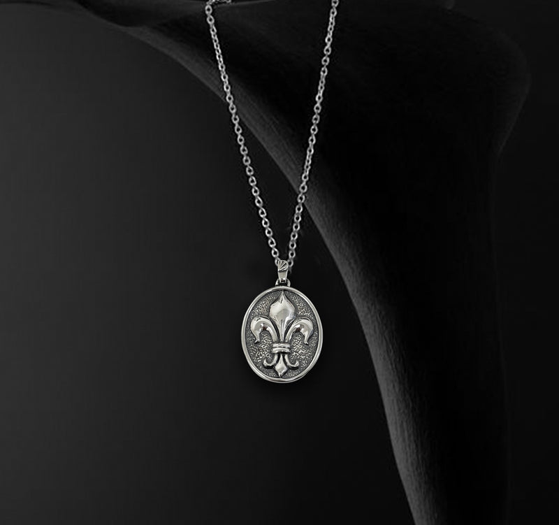 Fleur De Lis Necklace Oval - Oxidised Sterling Silver