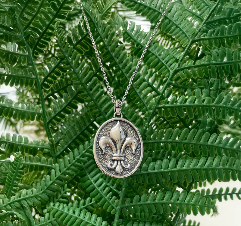 Fleur De Lis Necklace Oval - Oxidised Sterling Silver