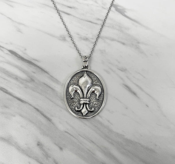 Fleur De Lis Necklace Oval - Oxidised Sterling Silver