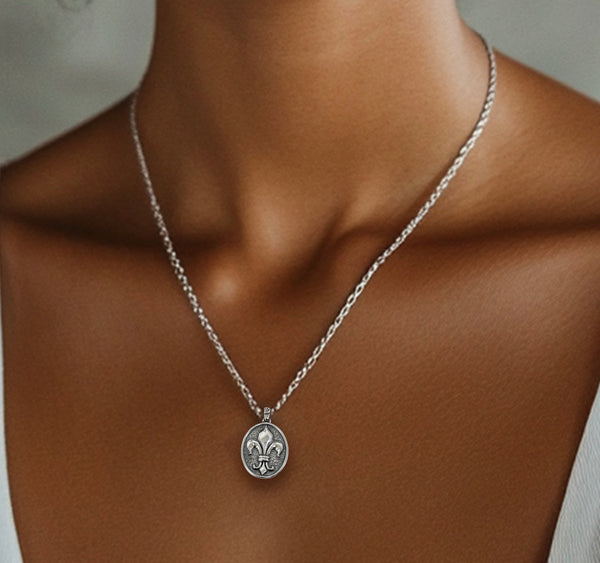 Fleur De Lis Necklace Oval - Oxidised Sterling Silver