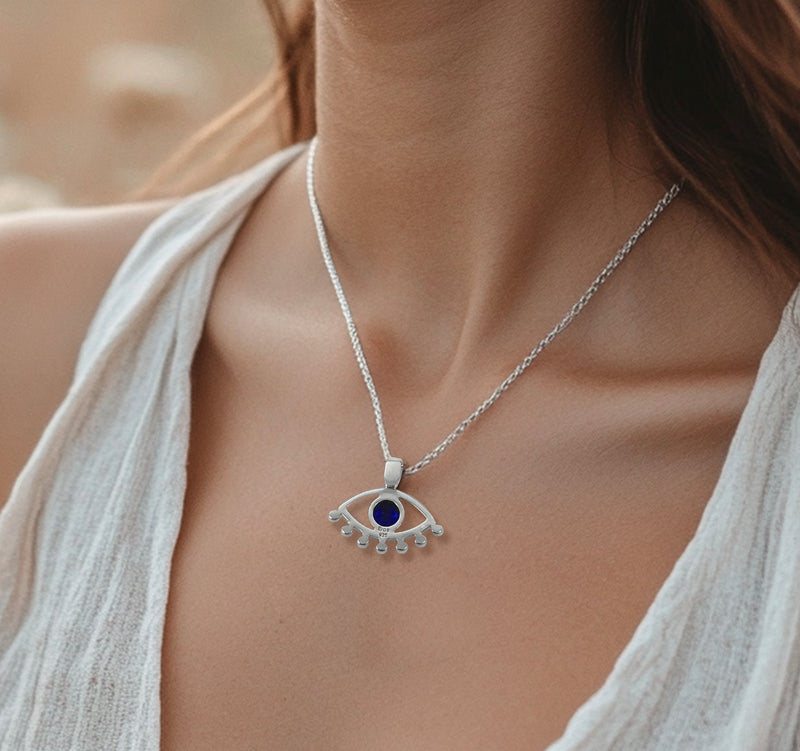 Evil eye necklace with blue CZ stone - Sterling Silver evil eye charm necklace