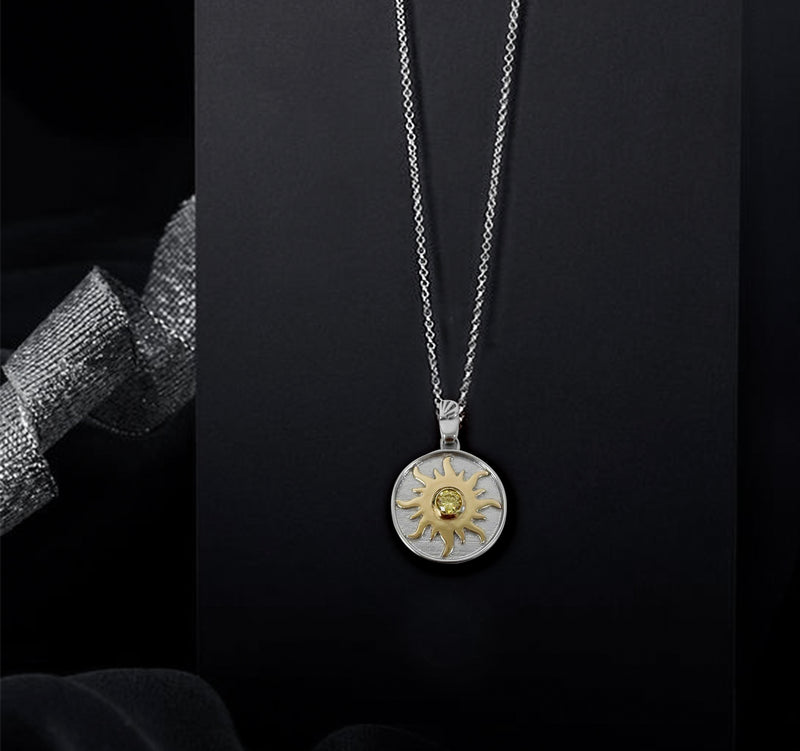 Sun necklace with yellow CZ stone - Sterling silver charm necklace, Two tone 14k gold plating