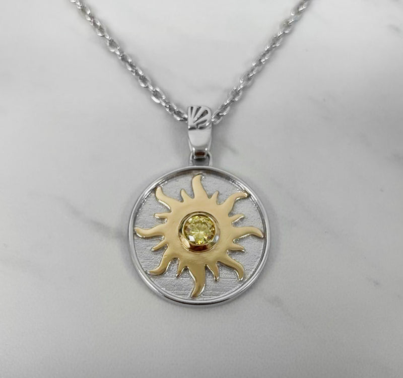 Sun necklace with yellow CZ stone - Sterling silver charm necklace, Two tone 14k gold plating