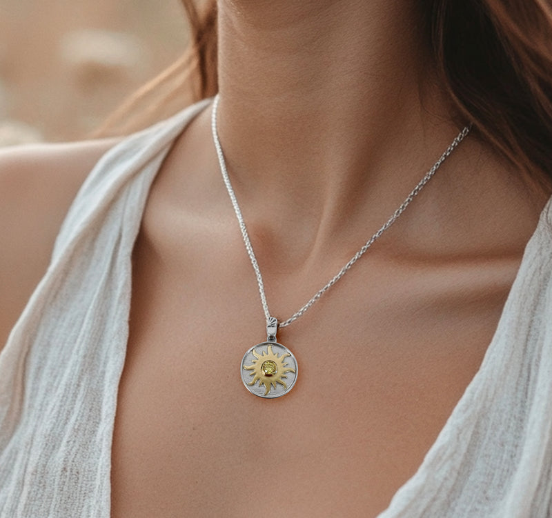 Sun necklace with yellow CZ stone - Sterling silver charm necklace, Two tone 14k gold plating