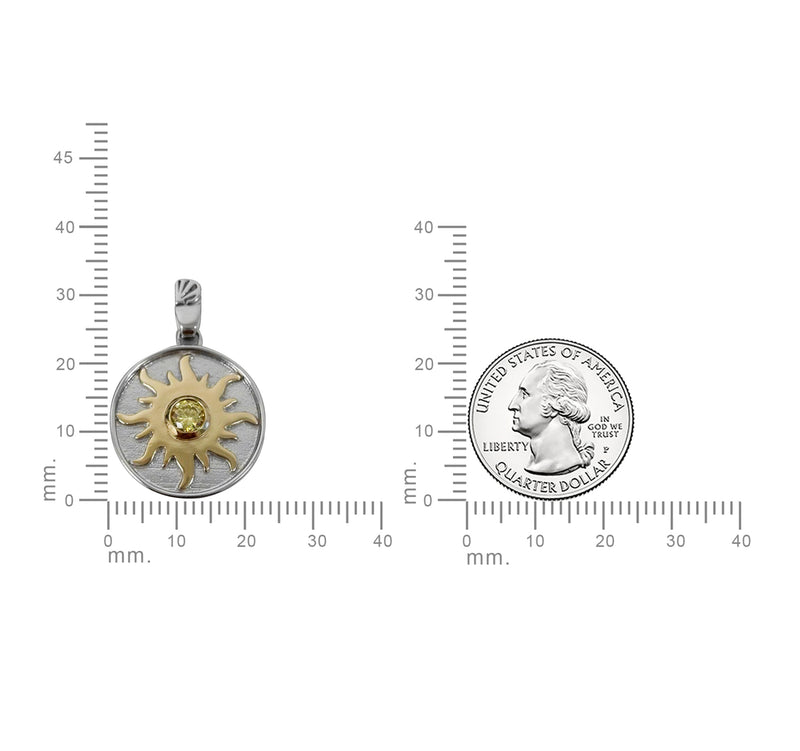 Sun necklace with yellow CZ stone - Sterling silver charm necklace, Two tone 14k gold plating