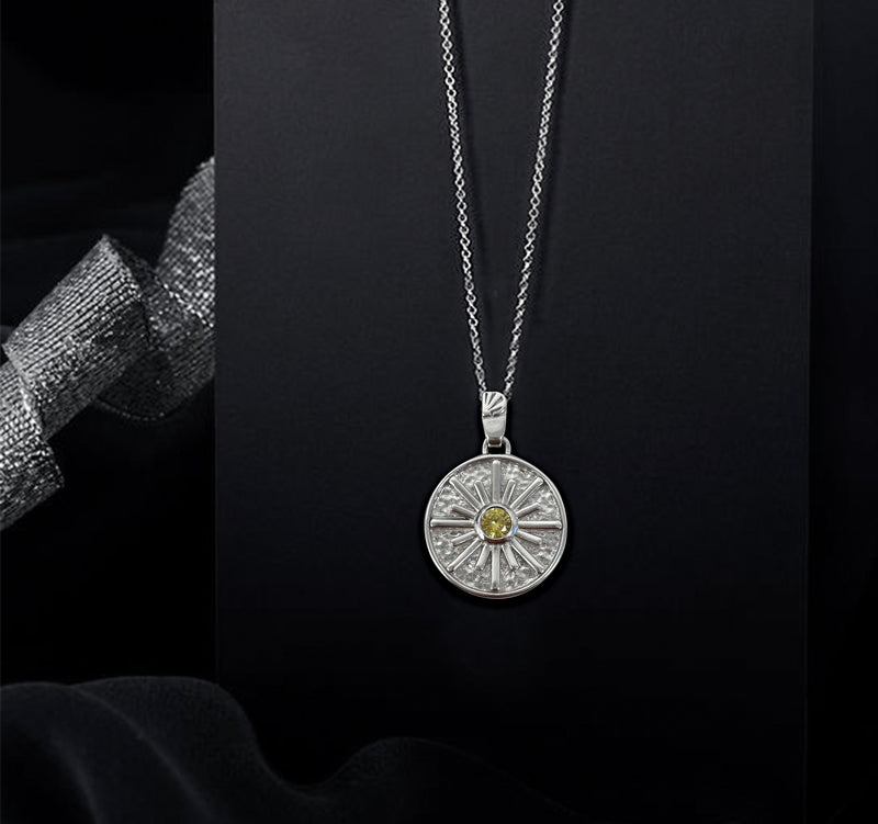 Sun necklace with yellow CZ stone - Sterling silver charm necklace