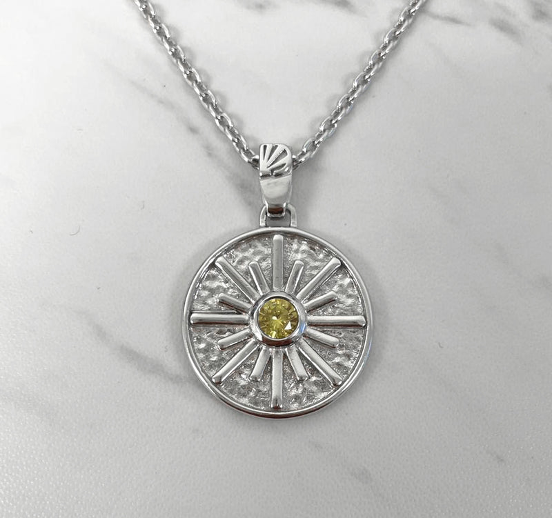 Sun necklace with yellow CZ stone - Sterling silver charm necklace