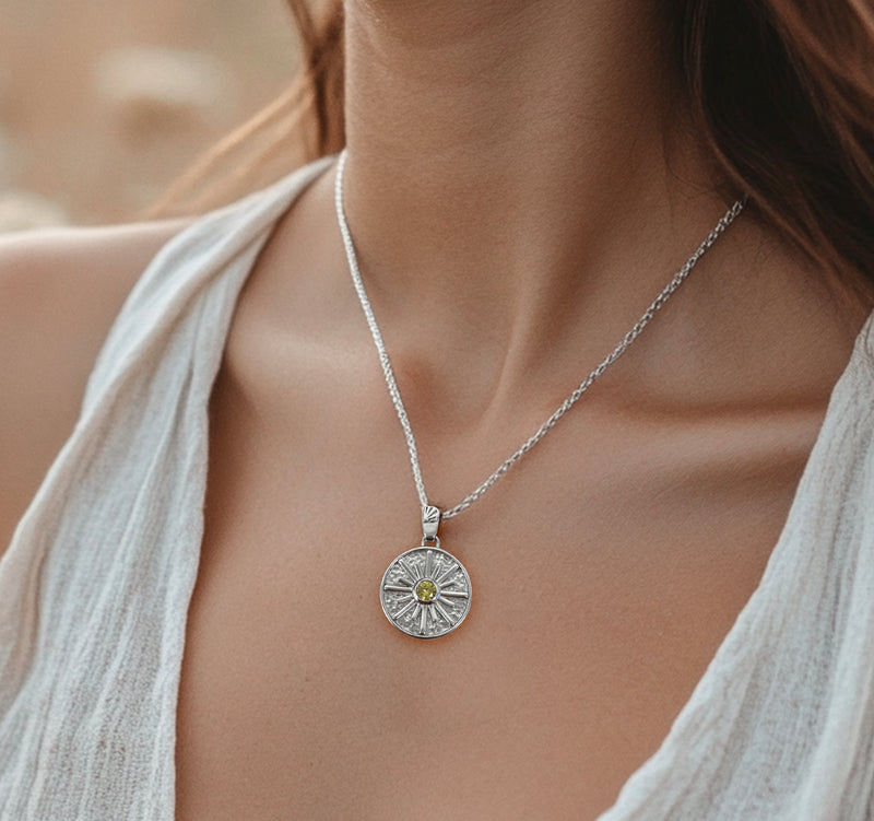 Sun necklace with yellow CZ stone - Sterling silver charm necklace