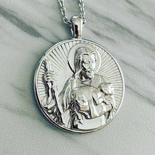 Sterling Silver Good Shepherd Christ Round Necklace - Divine Box