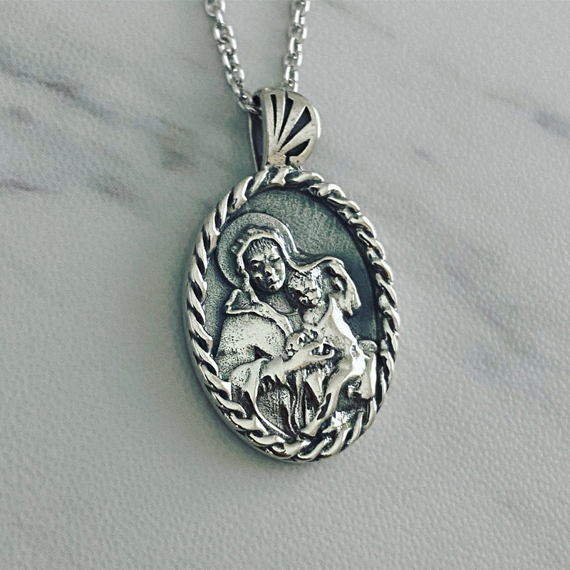 Antique Finish Sterling Silver Thorn Frame Virgin Mary Necklace - Divine Box