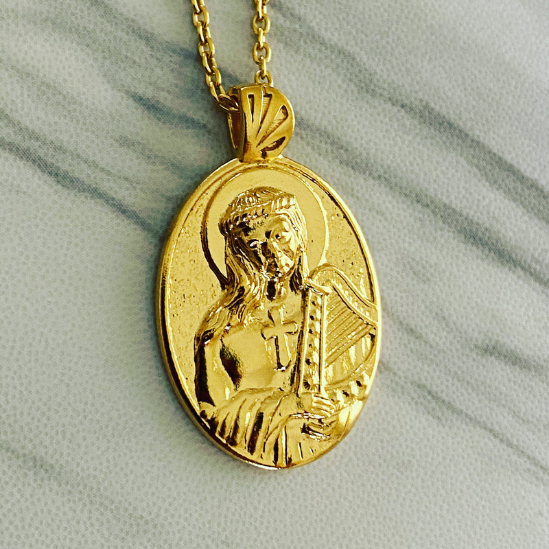 18K Gold Vermeil Saint Cecilia Necklace Harp - Divine Box