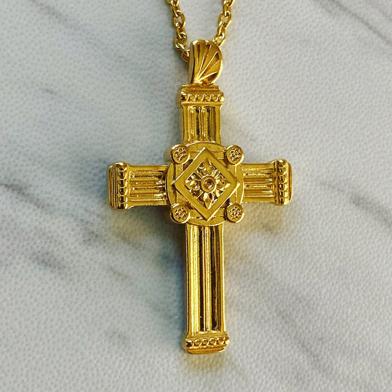 18K Gold Vermeil Gothic Pillar Cross Necklace - Divine Box