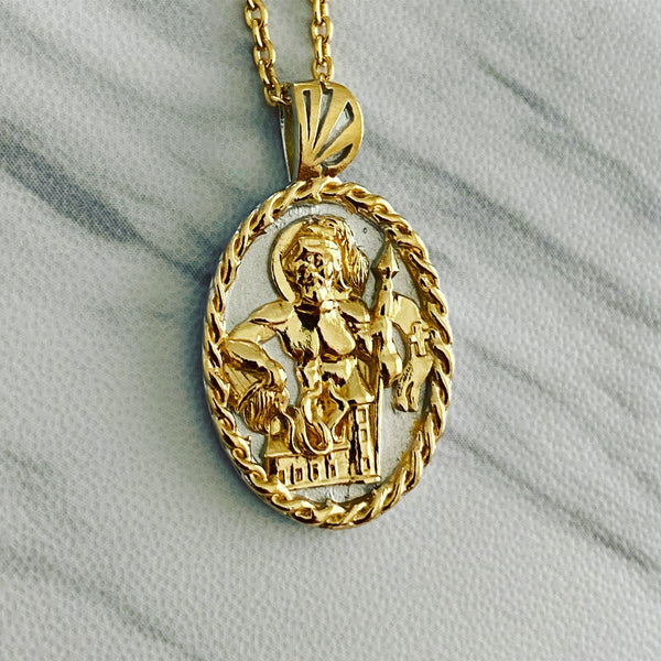 18K Gold Vermeil Two Tone Saint Florian Necklace with Thorn Frame - Divine Box