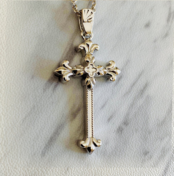 Sterling Silver Intricate Fleur-de-Lis Cross Necklace - Divine Box