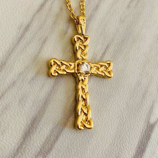 18K Gold Vermeil Celtic Weave Cross Necklace with Stone - Divine Box