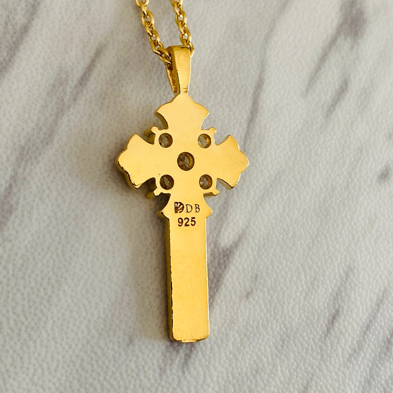 18K Gold Vermeil Celtic Weave Cross Necklace Stone Studded - Divine Box