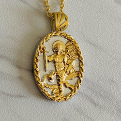 18K Gold Vermeil Thorn Frame Two Tone Saint Michael Necklace - Divine Box